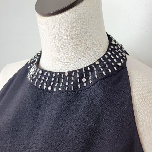 Vintage 90s Black Beaded Trim Open Back Halter Sheath Dress - Picture 3 of 7